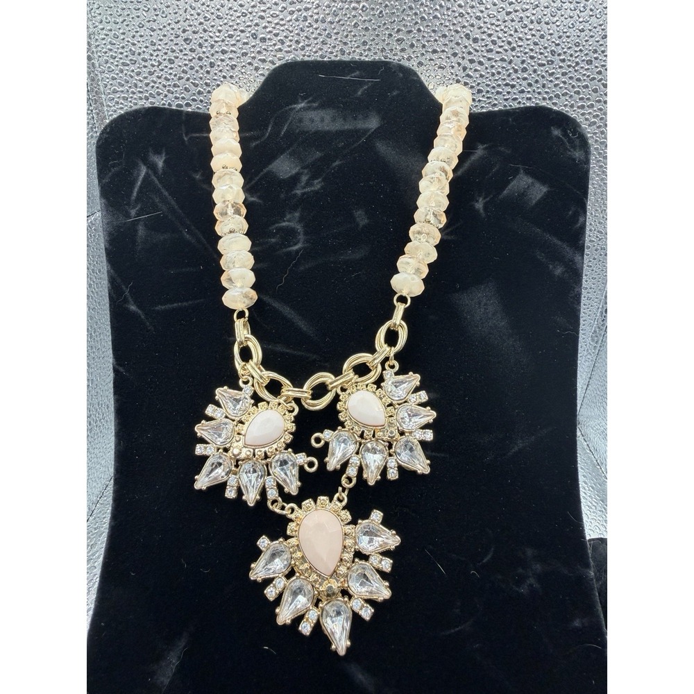 Blush Pink Ivory Rhinestone Statement Bib Necklace Gold Tone Glam Wedding